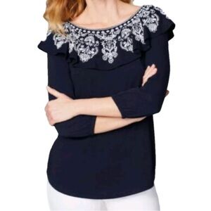 J. Jill Navy Blue Embroidered Flounce Ruffle Cotton Blend Shirt Large